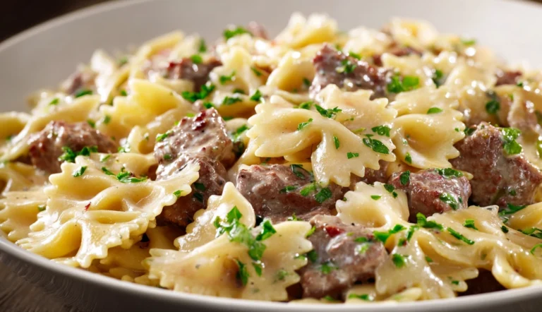 creamy beef and bowtie pasta