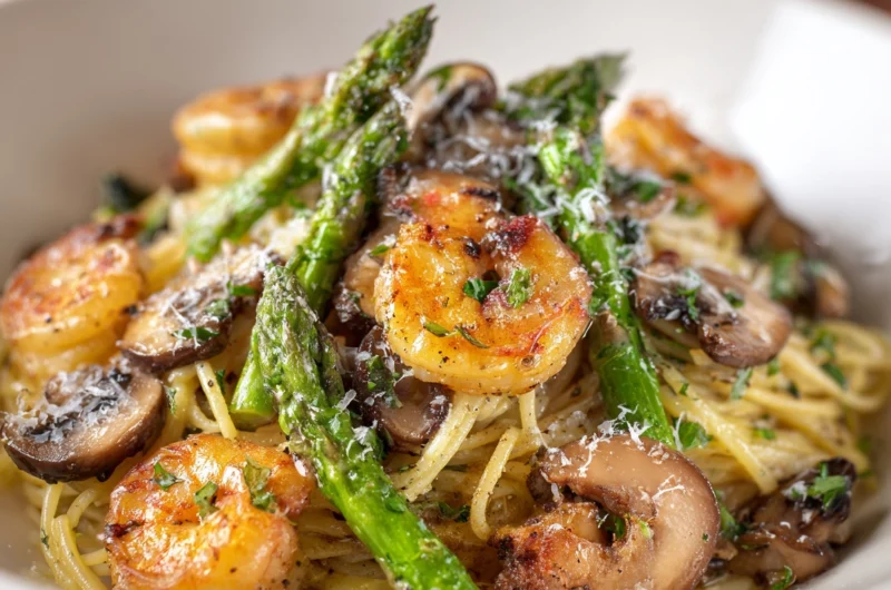 Light and Creamy Shrimp Asparagus Mushroom Pasta Recipe