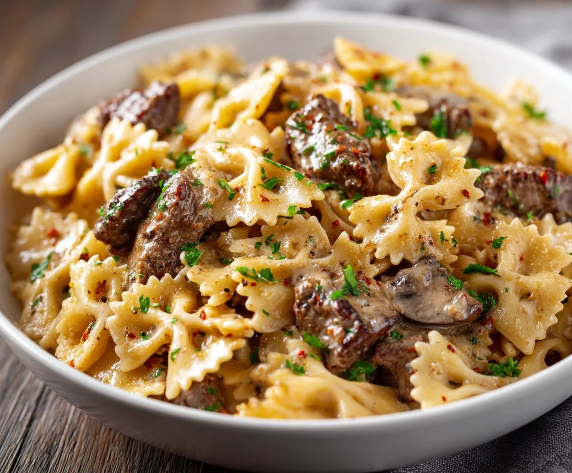 creamy beef and bowtie pasta